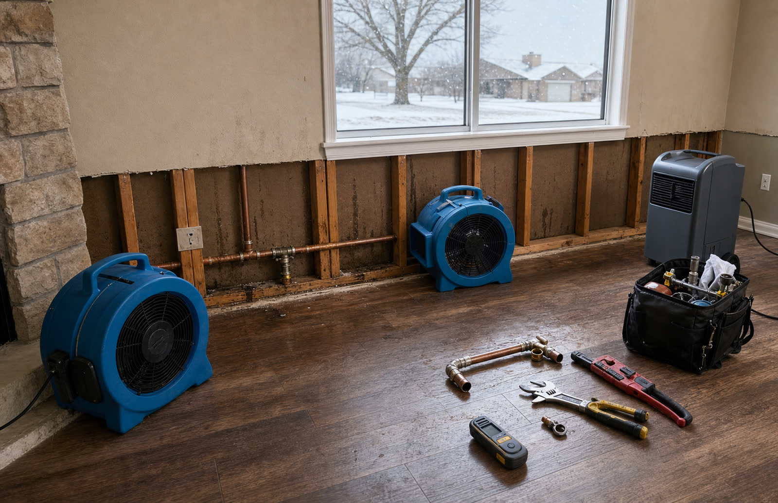 Burst pipe drying equipment and exposed wall repair area in an Oklahoma City home | Statewide Restoration | Oklahoma City