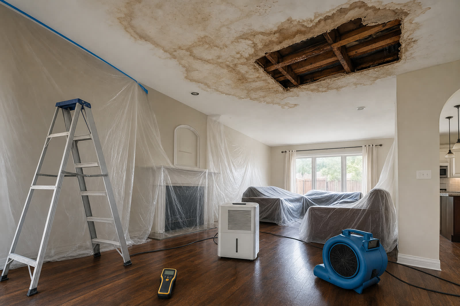 Ceiling water damage repair scene with stained drywall, drying equipment, ladder, and covered furniture inside an Oklahoma City home | Statewide Restoration | Oklahoma City