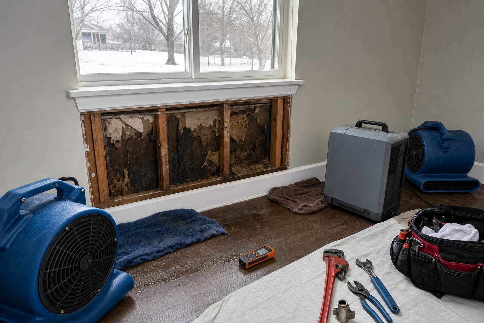 Frozen pipe cleanup with exposed wet wall, drying fans, and winter scene outside an Edmond home | Statewide Restoration | Edmond
