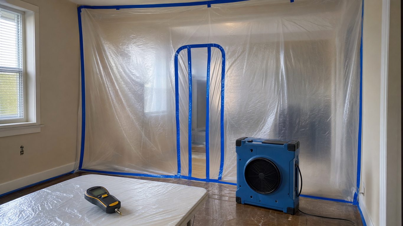 Mold containment area with plastic sheeting, air filtration, and protective cleanup equipment in an Oklahoma City home.