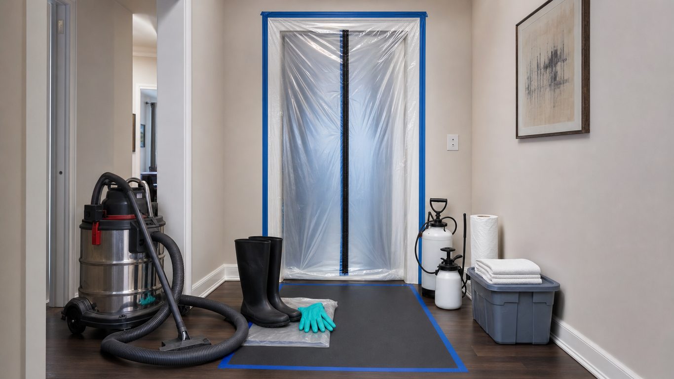 Basement cleanup scene with protective boots, gloves, containment plastic, and equipment for raw sewage cleanup in Oklahoma City.