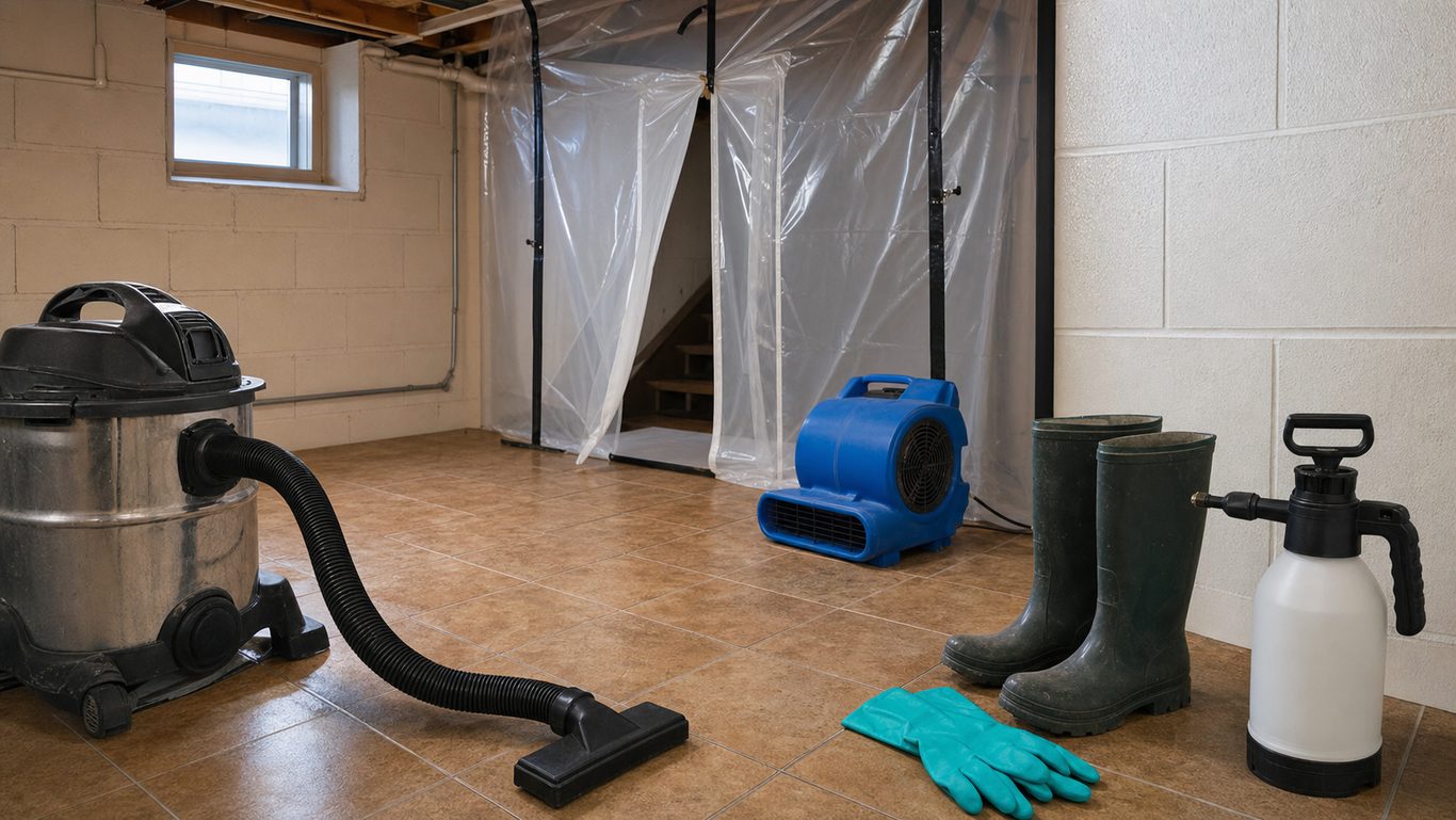 Wet vacuum hose, air mover, containment sheeting, gloves, boots, and plain sanitizer sprayer for sewage cleanup in Oklahoma City.