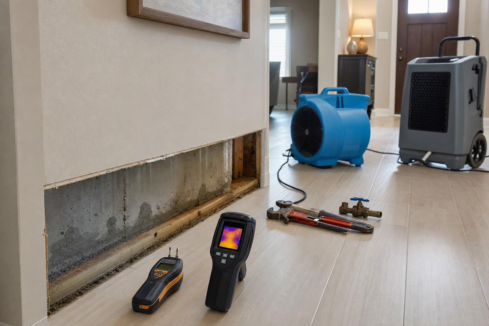 Slab leak damage restoration tools, drying equipment, opened baseboard, and moisture detection inside an Edmond Oklahoma home | Statewide Restoration | Edmond