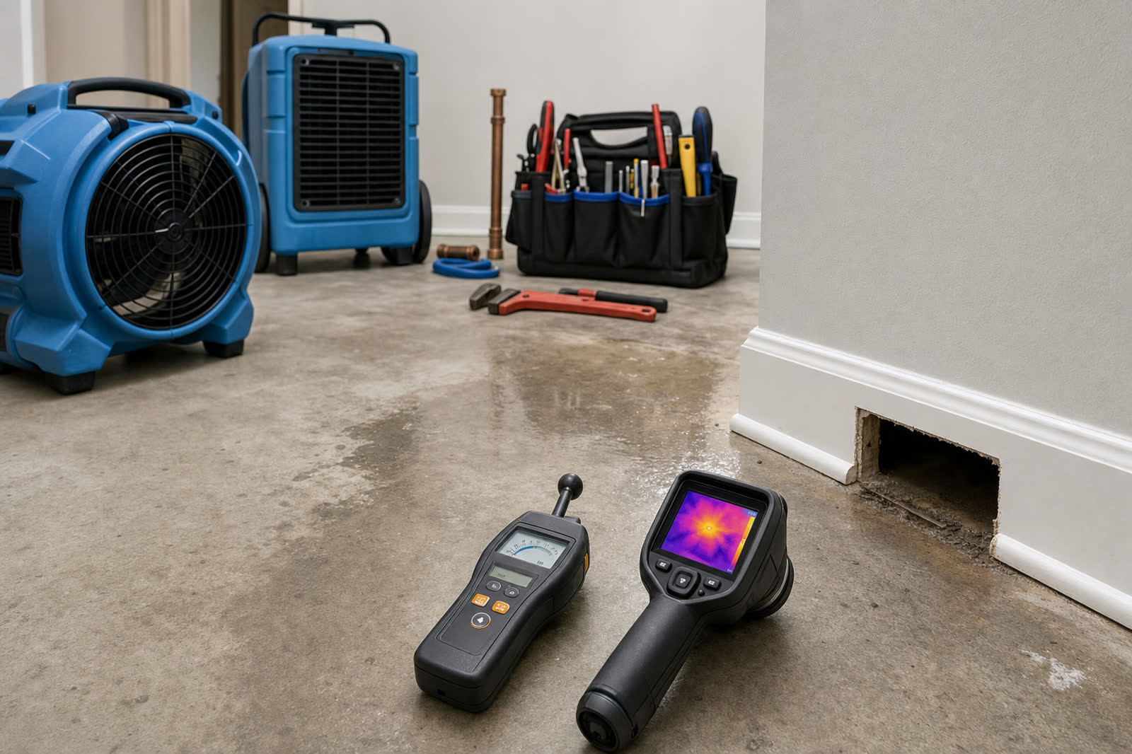 Slab leak detection tools, drying fan, dehumidifier, and opened baseboard area inside an Oklahoma City home | Statewide Restoration | Oklahoma City