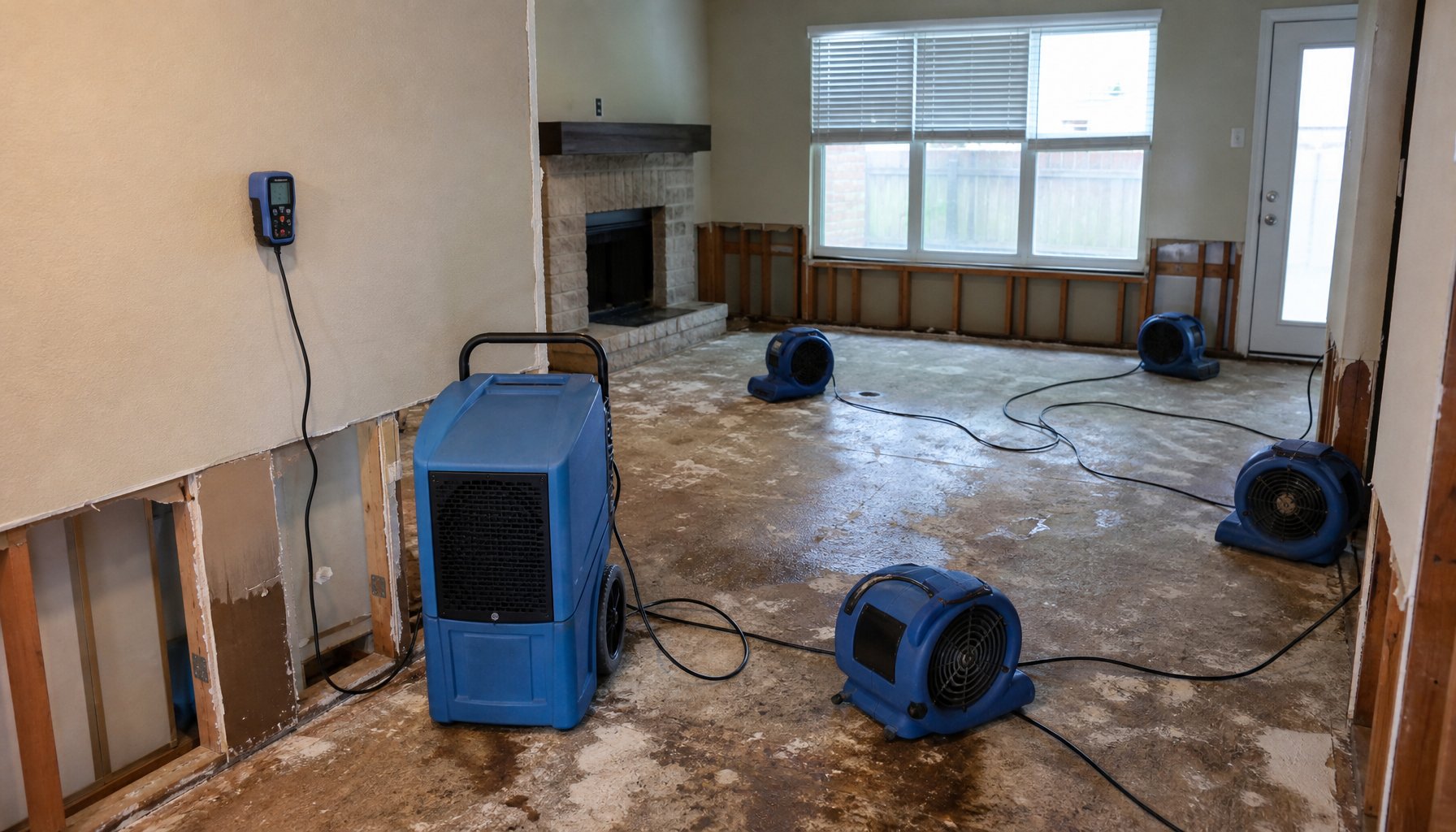Commercial dehumidifier and air movers during structural drying in an Oklahoma City metro home