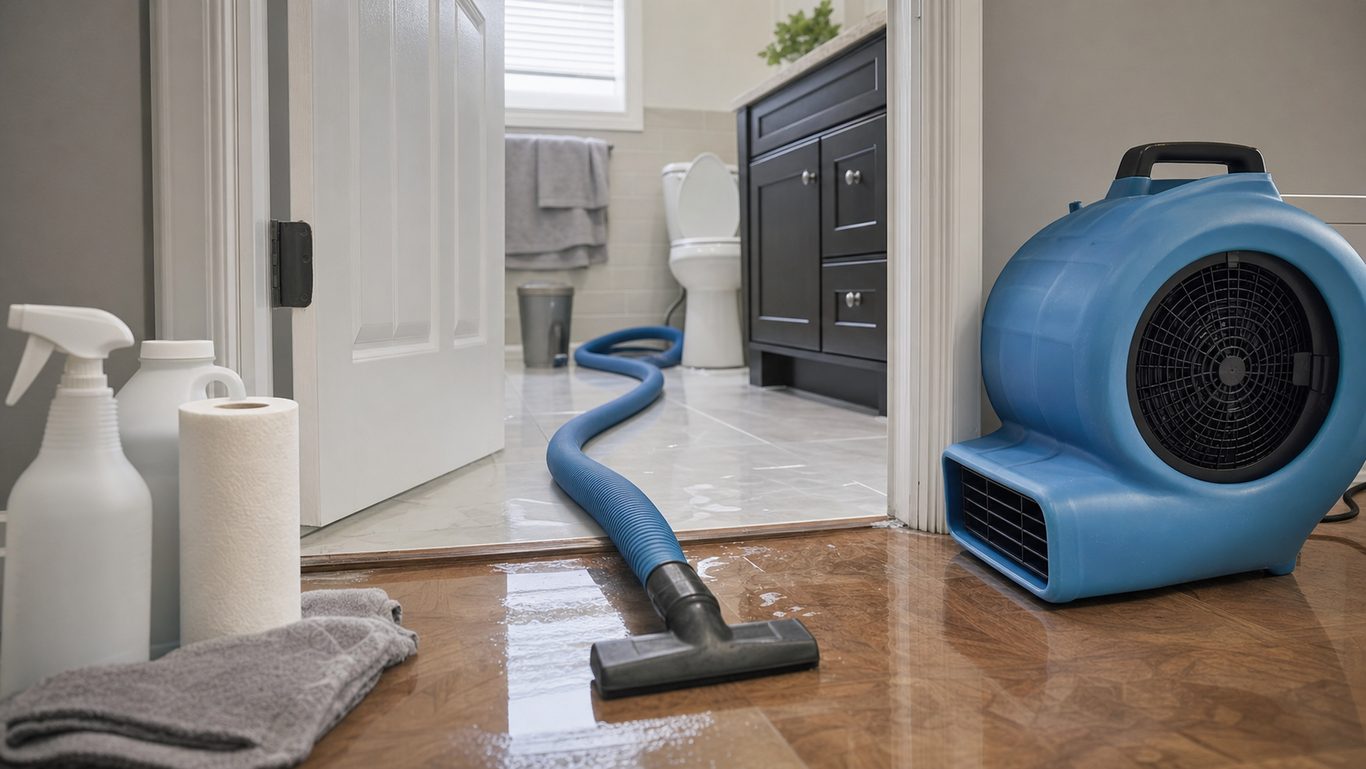 Bathroom cleanup setup with wet vacuum hose and drying fan after a toilet overflow in Oklahoma City.