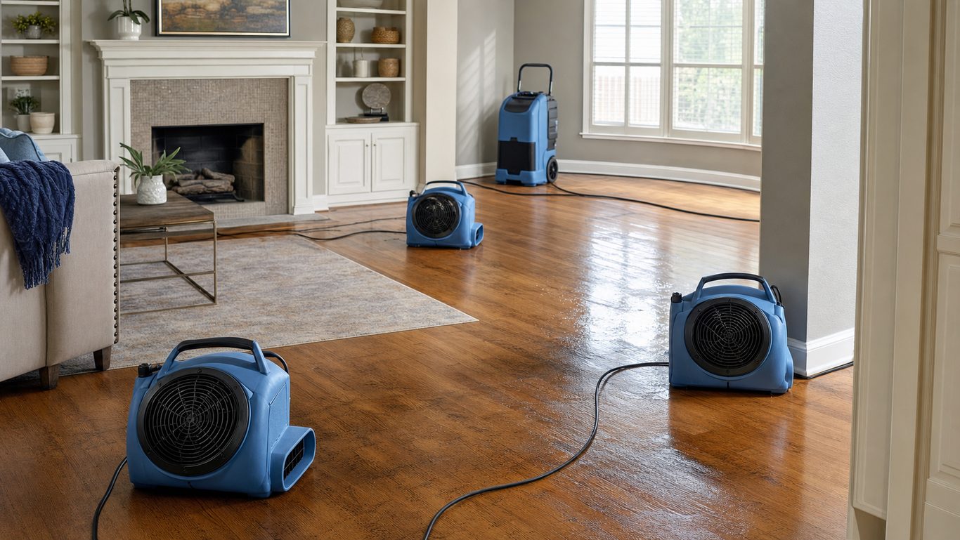 Restoration drying equipment and extraction hoses set up in an Oklahoma City home after water damage.