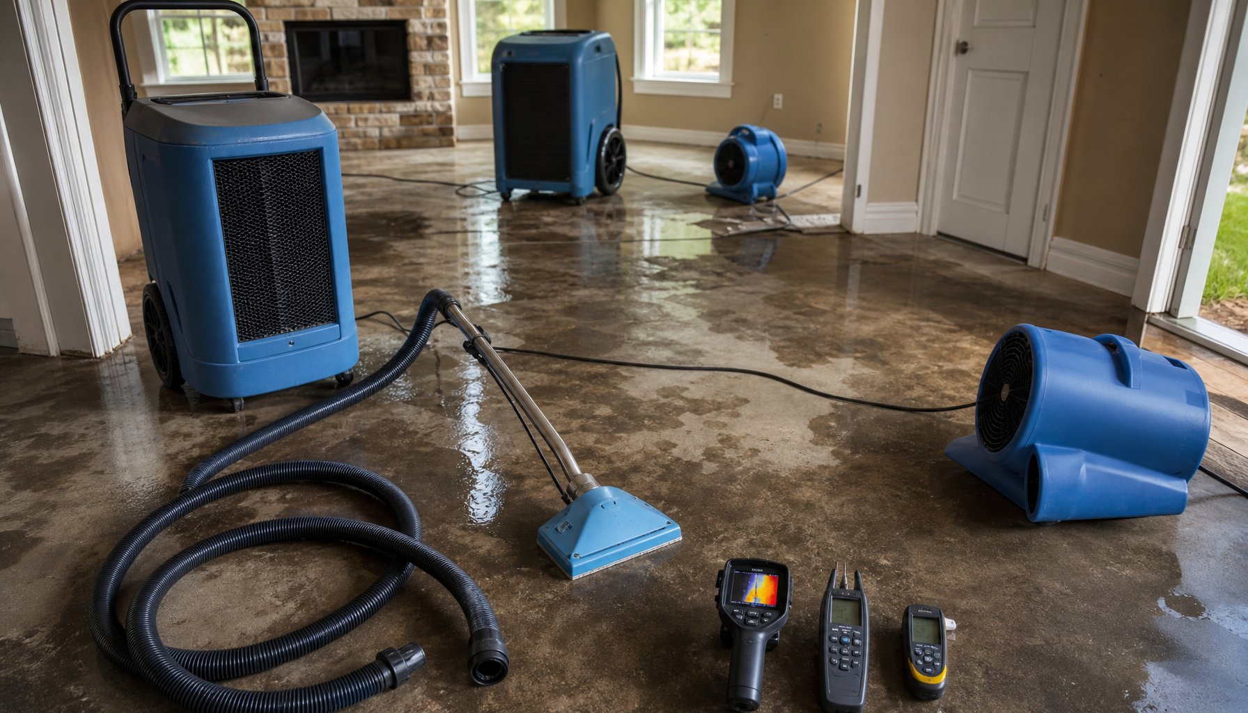 Water mitigation equipment staged in a Tulsa, Oklahoma home